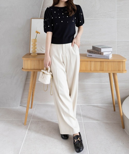 CLEAR BASIC（クリアベーシック）の「パール付き半袖ニットトップス[ベーシック フェミニン パフスリーブ 骨格ウェーブ]≪SS新作≫（ニット/セーター・レディース・ピンク/ブラック/グレイッシュベージュ/オフホワイト・F）」の8枚目の写真