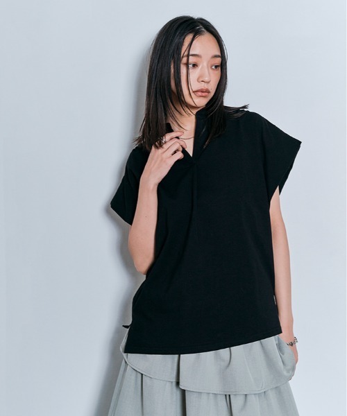 W:Huku(フーク)の「脇が見えにくい!! キーネック コットン フレンチスリーブ Tシャツ / 半袖 フレンチスリーブ ハーフスリーブ 袖なし(Tシャツ/カットソー・レディース・オフホワイト/ライトブラウン/ブラック/チャコール・FREE)」の5枚目の写真