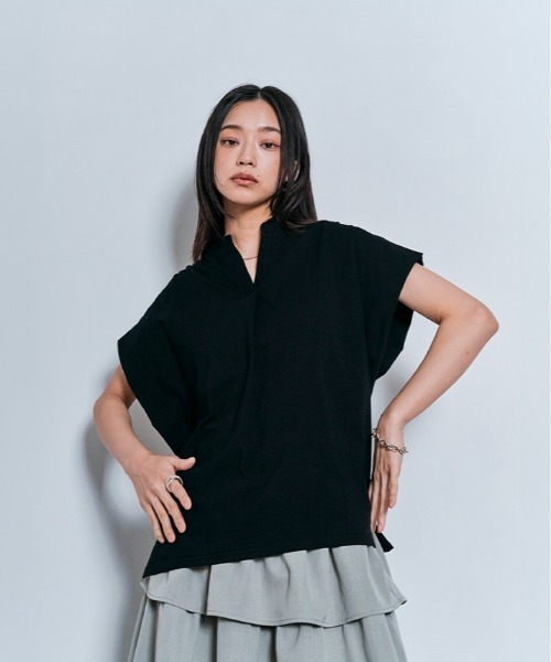 W:Huku(フーク)の「脇が見えにくい!! キーネック コットン フレンチスリーブ Tシャツ / 半袖 フレンチスリーブ ハーフスリーブ 袖なし(Tシャツ/カットソー・レディース・オフホワイト/ライトブラウン/ブラック/チャコール・FREE)」の14枚目の写真