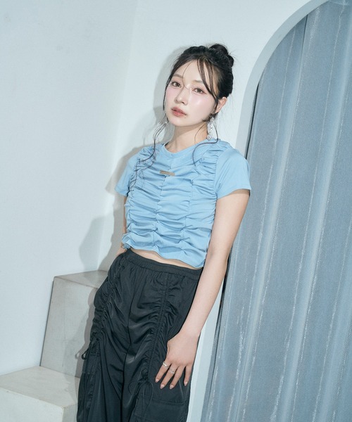 ANDGEEBEE(アンジービー)の「ギャザーミニT(Tシャツ/カットソー・レディース・ブルー/ブラック・FREE)」の1枚目の写真