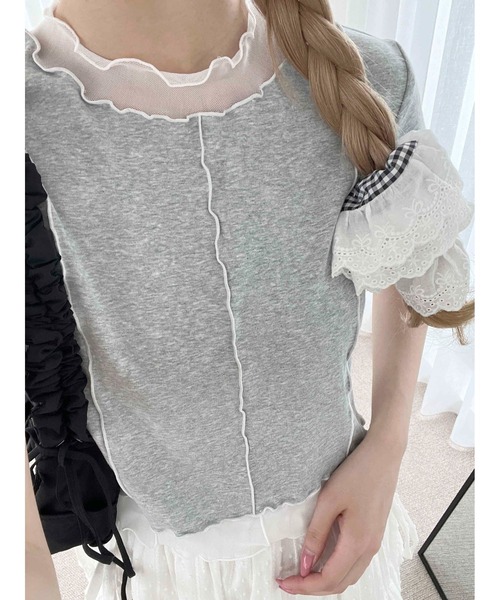 WC(ダブル シー)の「メッシュ切替メロウT(Tシャツ/カットソー・レディース・ピンク/グレー・FREE)」の6枚目の写真