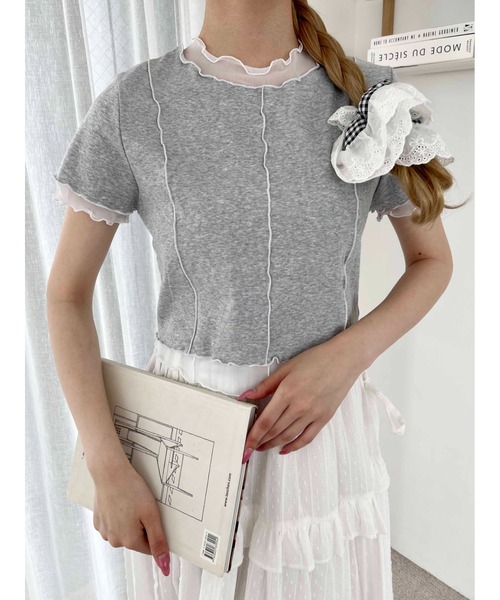 WC(ダブル シー)の「メッシュ切替メロウT(Tシャツ/カットソー・レディース・ピンク/グレー・FREE)」の4枚目の写真