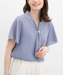 BURBERRY BLUE LABEL ボウタイギャザーサテンブラウス 青 38 レディースのシャツ/ブラウス（ブルー・ネイビー/青色系