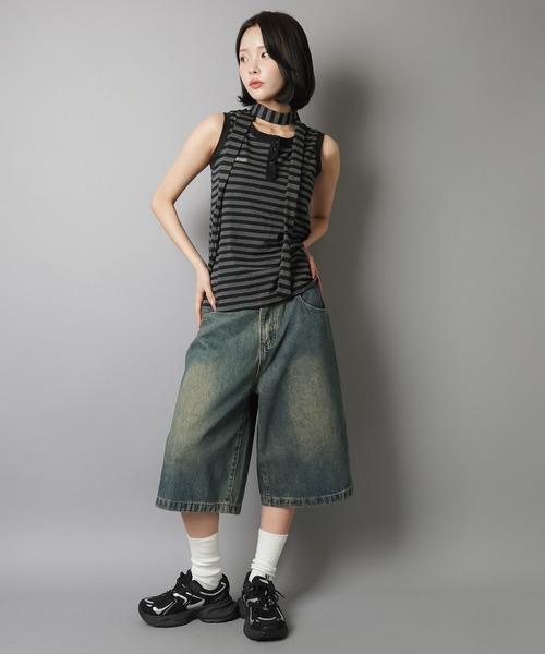 セール】【セットアイテム】フロントボタンボーダーカットソー