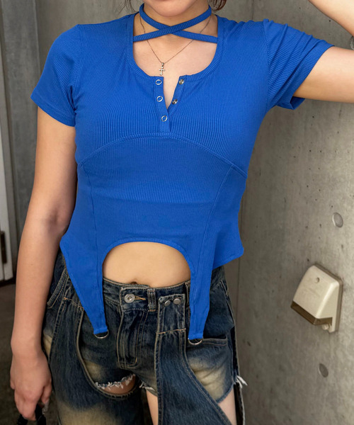 SPIRALGIRL(スパイラルガール)の「ヘンリーネックヘムフレアトップス(Tシャツ/カットソー・レディース・ブルー/グレー系/ブラック・FREE)」の15枚目の写真