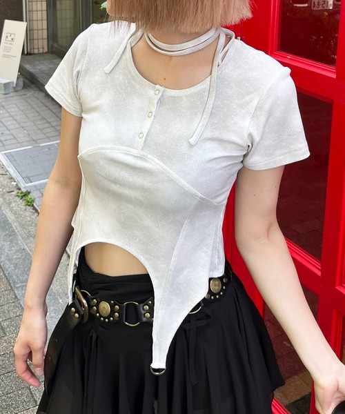 tシャツ ヘンリーネックヘムフレアトップス レディース セール】ヘンリーネックヘムフレアトップス（Tシャツ/カットソー