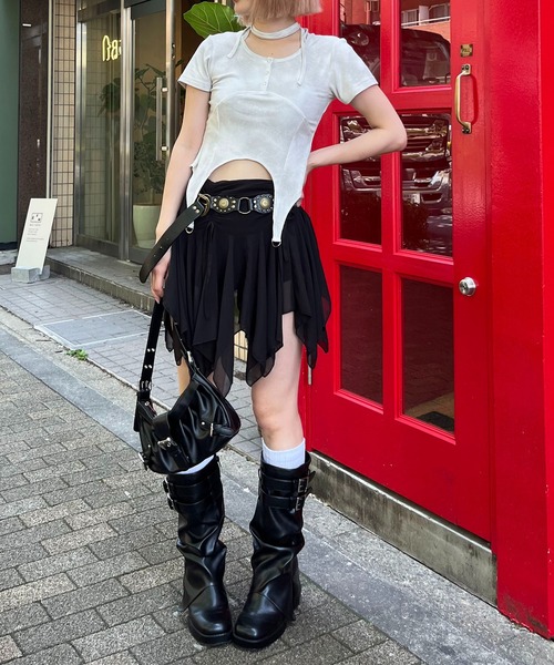 スパイラルガール SPIRALGIRL ヘンリーネックヘムフレアトップス （ブラック） セール】ヘンリーネックヘムフレアトップス（Tシャツ/カットソー