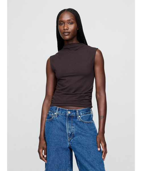 セール】モダン ファンネルネック ルーシュ クロップド タンクトップ