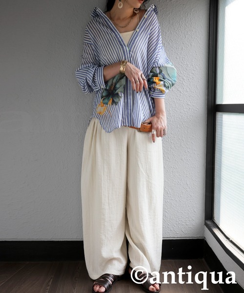 antiqua（アンティカ）の「コーデセット　インド綿シャツ×ワイドパンツ（シャツ/ブラウス・レディース・ナチュラル/ブラック・MEDIUM/LARGE）」の13枚目の写真