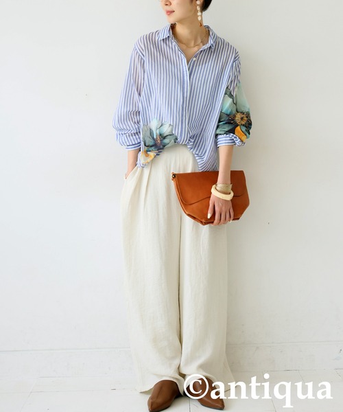 antiqua（アンティカ）の「コーデセット　インド綿シャツ×ワイドパンツ（シャツ/ブラウス・レディース・ナチュラル/ブラック・MEDIUM/LARGE）」の16枚目の写真