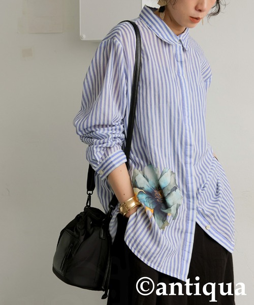 antiqua（アンティカ）の「コーデセット　インド綿シャツ×ワイドパンツ（シャツ/ブラウス・レディース・ナチュラル/ブラック・MEDIUM/LARGE）」の4枚目の写真