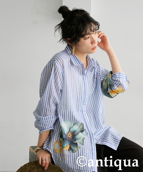 antiqua（アンティカ）の「コーデセット　インド綿シャツ×ワイドパンツ（シャツ/ブラウス・レディース・ナチュラル/ブラック・MEDIUM/LARGE）」の6枚目の写真