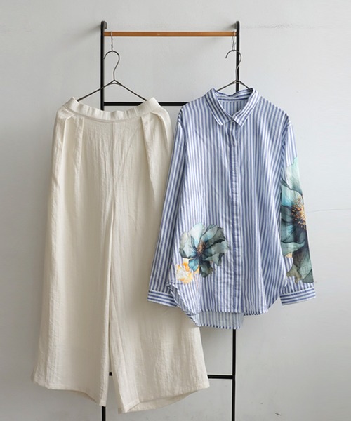 antiqua（アンティカ）の「コーデセット　インド綿シャツ×ワイドパンツ（シャツ/ブラウス・レディース・ナチュラル/ブラック・MEDIUM/LARGE）」の17枚目の写真