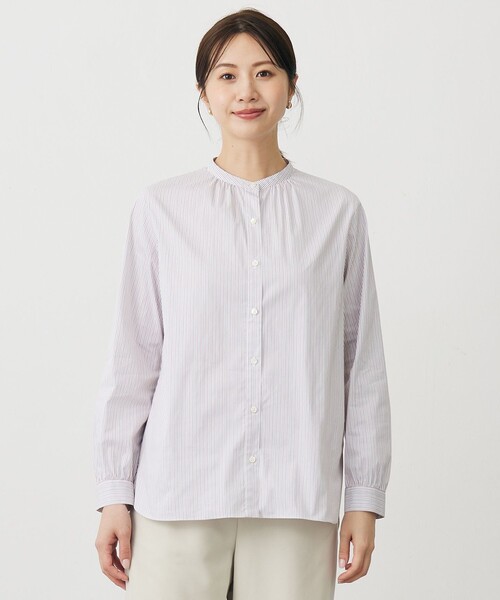 J.PRESS(ジェイプレス)の「BEZ ドビーストライプ バンドカラー ブラウス(シャツ/ブラウス・レディース・サックスブルー系1/ピンク系1/ネイビー系1・T13/T15)」の1枚目の写真