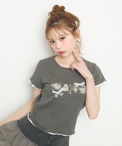 レースリボン付きネコプリントTee（Tシャツ/カットソー