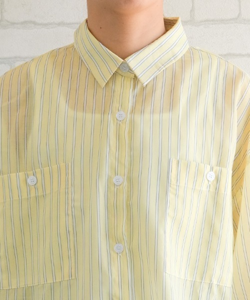 aquagarage（アクアガレージ）の「ダブルポケットストライプシアーシャツ（シャツ/ブラウス・レディース・イエロー/ホワイト/ブルー・FREE）」の11枚目の写真