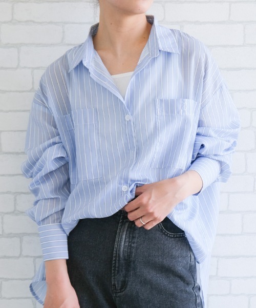 aquagarage（アクアガレージ）の「ダブルポケットストライプシアーシャツ（シャツ/ブラウス・レディース・イエロー/ホワイト/ブルー・FREE）」の13枚目の写真