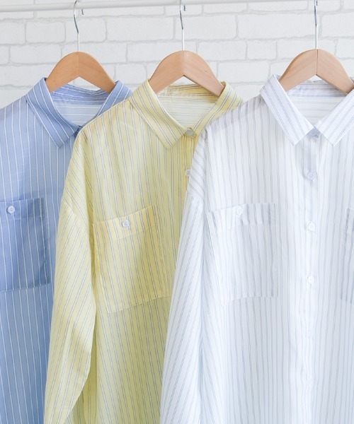 aquagarage（アクアガレージ）の「ダブルポケットストライプシアーシャツ（シャツ/ブラウス・レディース・イエロー/ホワイト/ブルー・FREE）」の14枚目の写真