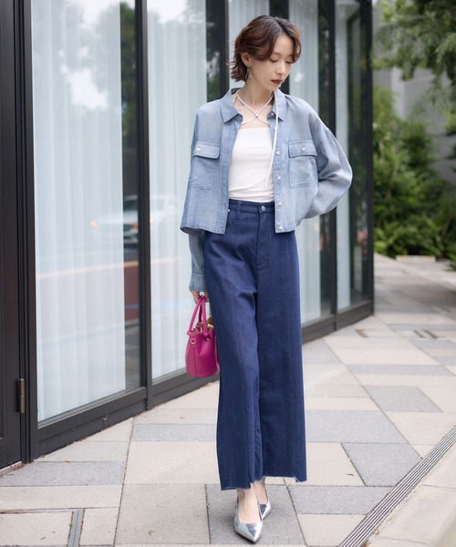 Paradise Picnic（パラダイスピクニック）の「Dignite Collier シアーデニムショートシャツ（シャツ/ブラウス・レディース・ブルー/ネイビー・FREE）」の4枚目の写真