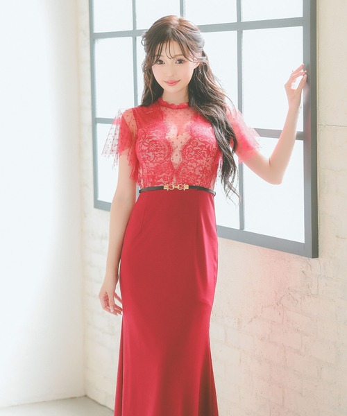 セール】キャバドレス ロング タイト 半袖 シアー ドット柄 フレア