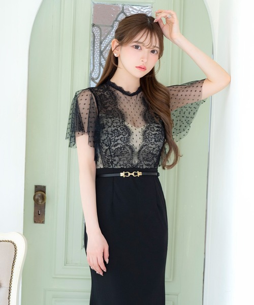 Tika(ティカ)の「キャバドレス ロング タイト 半袖 シアー ドット柄 フレアスリーブ 谷間見せ バストシースルー ウエストベルト ストレッチドレス(ドレス・レディース・ブラック/ワインレッド・L/M/S/XL/XXL/XXXL)」の3枚目の写真