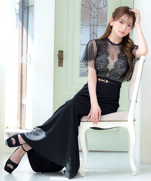 セール】キャバドレス ロング タイト 半袖 シアー ドット柄 フレア