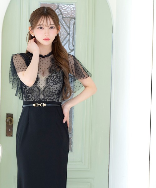 Tika(ティカ)の「キャバドレス ロング タイト 半袖 シアー ドット柄 フレアスリーブ 谷間見せ バストシースルー ウエストベルト ストレッチドレス(ドレス・レディース・ブラック/ワインレッド・L/M/S/XL/XXL/XXXL)」の5枚目の写真