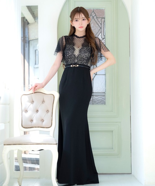 セール】キャバドレス ロング タイト 半袖 シアー ドット柄 フレア