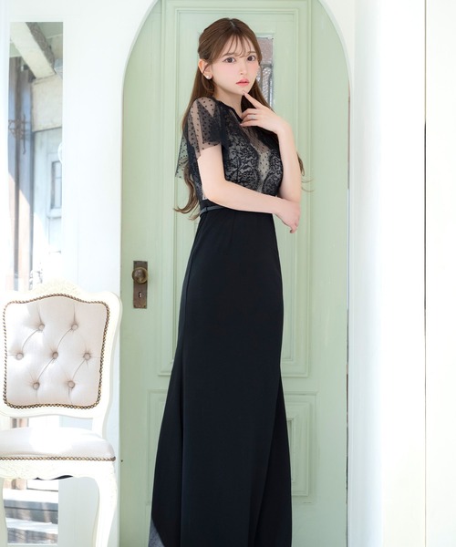 Tika(ティカ)の「キャバドレス ロング タイト 半袖 シアー ドット柄 フレアスリーブ 谷間見せ バストシースルー ウエストベルト ストレッチドレス(ドレス・レディース・ブラック/ワインレッド・L/M/S/XL/XXL/XXXL)」の9枚目の写真