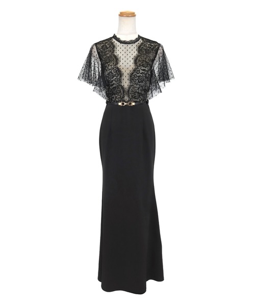 セール】キャバドレス ロング タイト 半袖 シアー ドット柄 フレア