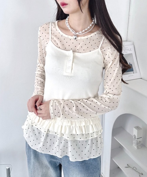Loueme(ルエム)の「裾フリルドットティアードトップス(Tシャツ/カットソー・レディース・ホワイト/ブラック/アイボリー・FREE)」の2枚目の写真