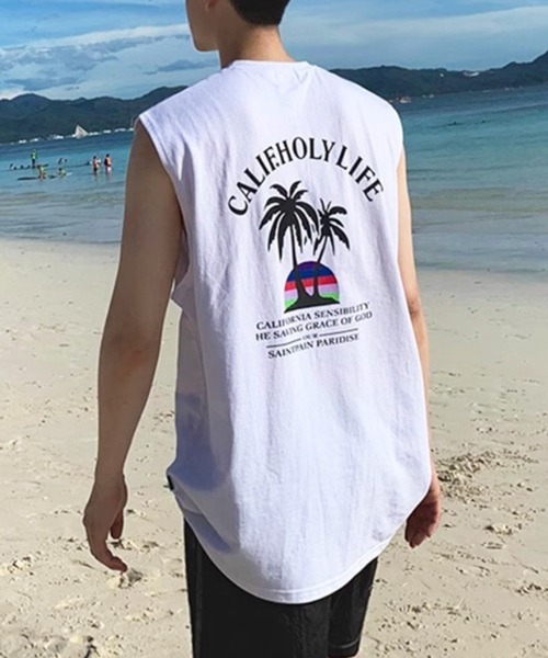 NOWLE(ノウル)の「【NOWLE】カリフォルニア サマー ビーチ バックプリント ノースリーブ(タンクトップ・メンズ・ブラック/ホワイト・FREE)」の3枚目の写真
