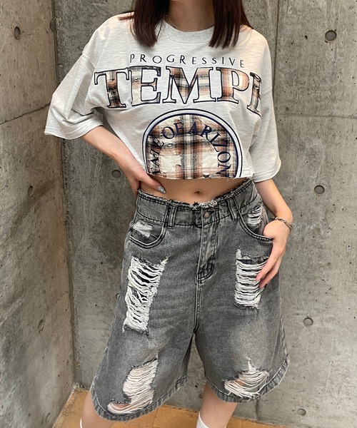 ROGER AND RAW(ロジャーアンドロウ)の「チェックロゴ刺繍スウェット半袖ショートトップス(Tシャツ/カットソー・レディース・グレイッシュベージュ/ブラック/ホワイト・FREE)」の10枚目の写真