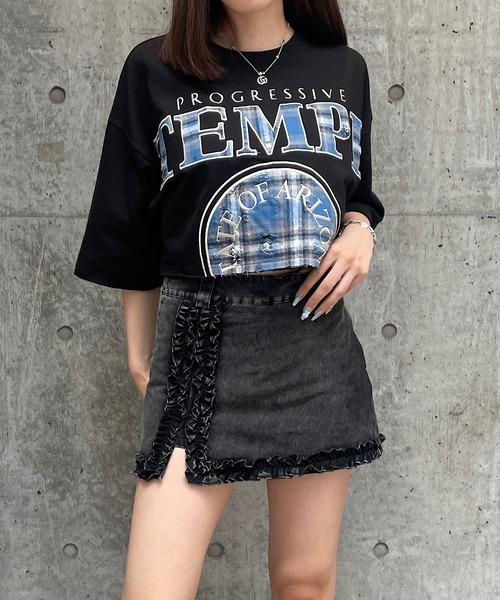 ROGER AND RAW(ロジャーアンドロウ)の「チェックロゴ刺繍スウェット半袖ショートトップス(Tシャツ/カットソー・レディース・グレイッシュベージュ/ブラック/ホワイト・FREE)」の11枚目の写真