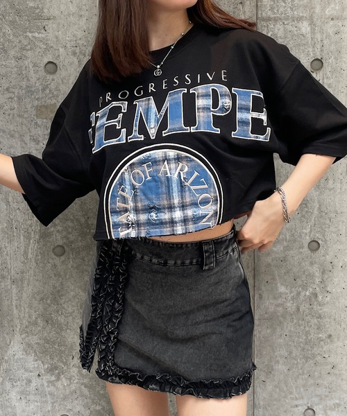 ROGER AND RAW(ロジャーアンドロウ)の「チェックロゴ刺繍スウェット半袖ショートトップス(Tシャツ/カットソー・レディース・グレイッシュベージュ/ブラック/ホワイト・FREE)」の12枚目の写真