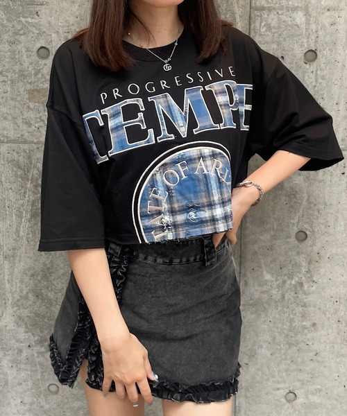 ROGER AND RAW(ロジャーアンドロウ)の「チェックロゴ刺繍スウェット半袖ショートトップス(Tシャツ/カットソー・レディース・グレイッシュベージュ/ブラック/ホワイト・FREE)」の15枚目の写真
