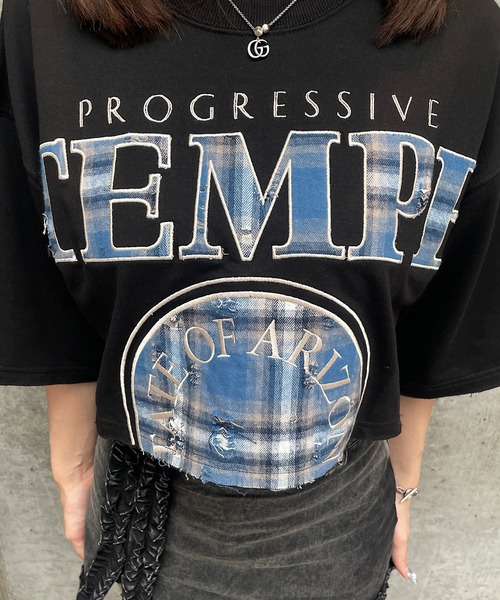 ROGER AND RAW(ロジャーアンドロウ)の「チェックロゴ刺繍スウェット半袖ショートトップス(Tシャツ/カットソー・レディース・グレイッシュベージュ/ブラック/ホワイト・FREE)」の16枚目の写真