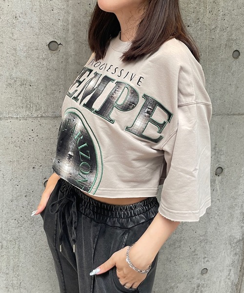 ROGER AND RAW(ロジャーアンドロウ)の「チェックロゴ刺繍スウェット半袖ショートトップス(Tシャツ/カットソー・レディース・グレイッシュベージュ/ブラック/ホワイト・FREE)」の20枚目の写真