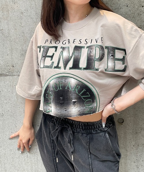 ROGER AND RAW(ロジャーアンドロウ)の「チェックロゴ刺繍スウェット半袖ショートトップス(Tシャツ/カットソー・レディース・グレイッシュベージュ/ブラック/ホワイト・FREE)」の22枚目の写真