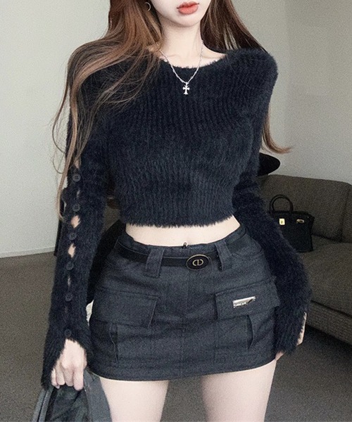 Lace Ladies(レースレディース)の「ボタン カットアウトコンパクト シャギー ニット プルオーバー(ニット/セーター・レディース・ホワイト/ブラック・FREE)」の3枚目の写真