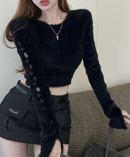 Lace Ladies(レースレディース)の「ボタン カットアウトコンパクト シャギー ニット プルオーバー(ニット/セーター・レディース・ホワイト/ブラック・FREE)」の4枚目の写真