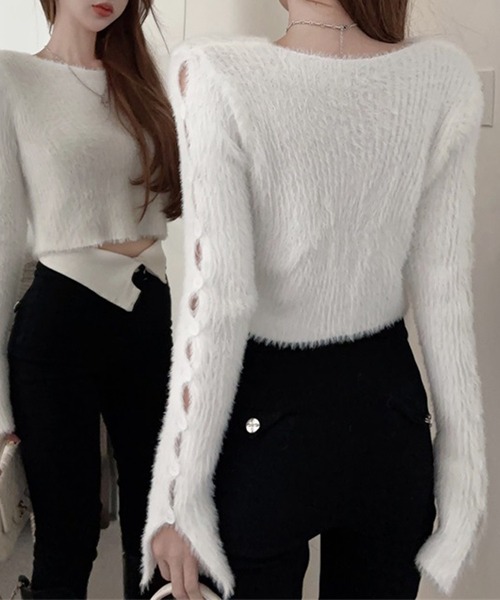 Lace Ladies(レースレディース)の「ボタン カットアウトコンパクト シャギー ニット プルオーバー(ニット/セーター・レディース・ホワイト/ブラック・FREE)」の10枚目の写真