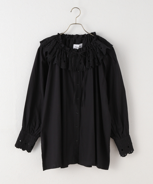 Sara mallikaサラマリカ 長袖ブラウス トップス コットン Sara mallika サラマリカ ブラウス Cotton Border Gather Lace