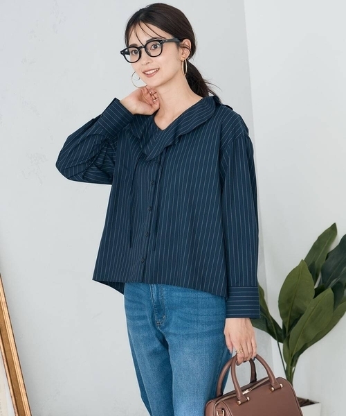 a.v.v（アーヴェヴェ）の「ラッフルフリルストライプブラウス（シャツ/ブラウス・レディース・ベージュ/ネイビー・40/38）」の10枚目の写真