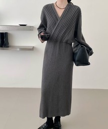 【美品⭐️yoshie inaba】グレー 長袖カシュクールワンピース サイズ2 カシュクール」に該当するワンピース（長袖）ファッション通販 - ZOZOTOWN
