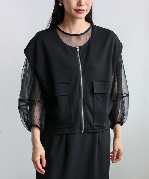 VitaFelice（ヴィータフェリーチェ）の「ノースリーブジップフロントポケットベスト（セットアップ対応）（ベスト・レディース・ブラック/チャコールグレー・FREE）」の5枚目の写真