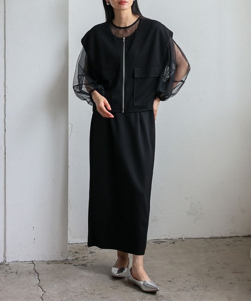 VitaFelice（ヴィータフェリーチェ）の「ノースリーブジップフロントポケットベスト（セットアップ対応）（ベスト・レディース・ブラック/チャコールグレー・FREE）」の8枚目の写真