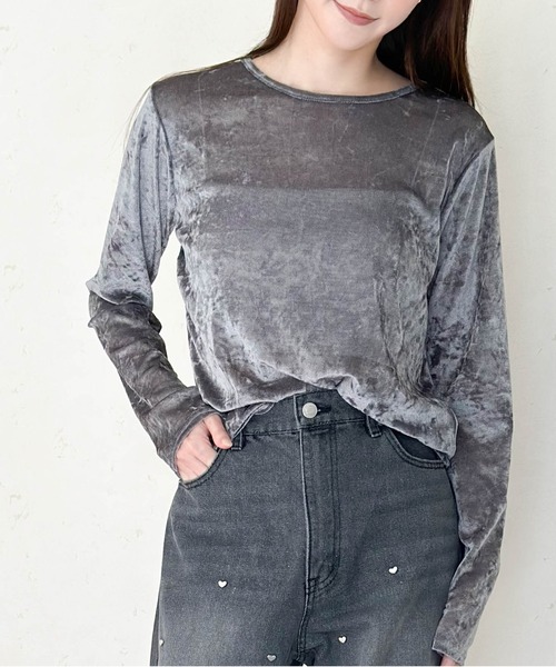 Per sist ence(パーシエンス)の「ヴィンテージライクシアーベロアトップス(Tシャツ/カットソー・レディース・ダークグレー/ホワイト/ブラウン/ブラック・ONE SIZE)」の1枚目の写真