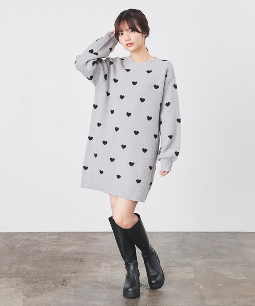 マーブルシュッド　総柄ニットワンピース　膝丈　長袖　花柄　グレー　ピンク マーブルシュッド 総柄ニットワンピース 膝丈 長袖 花柄 グレー ピンク