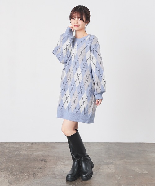 Honeys（ハニーズ）の「総柄ニットワンピース（ワンピース・レディース・ブルー系その他/グレー系/アイボリー系/ピンク系その他・M/L/S/3L/LL）」の19枚目の写真